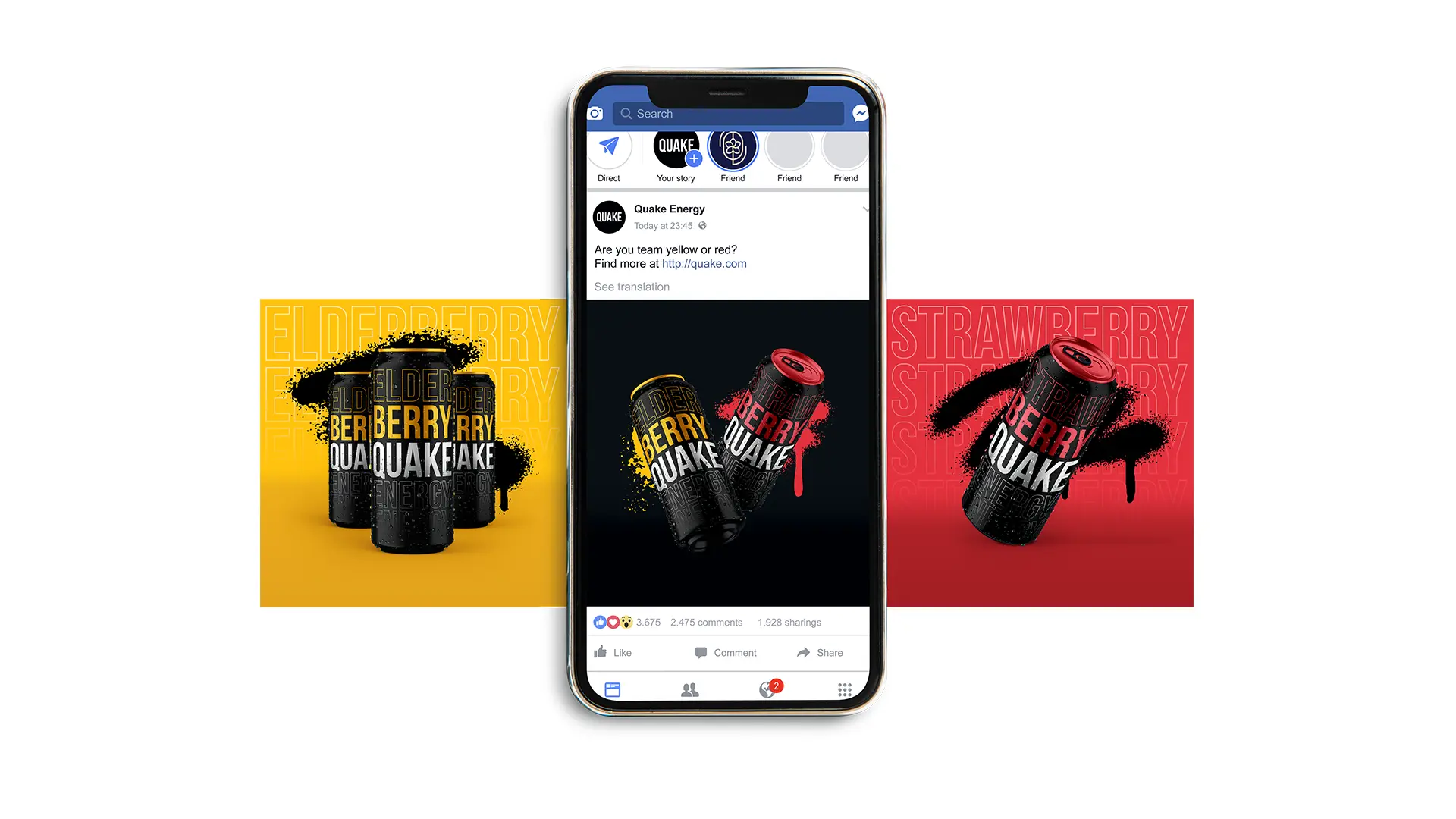 Social media mockup: a smartphone displaying a Facebook post from 'Quake' asking 'Are you team yellow or red?', with the can artwork. Flanking it are a yellow Elderberry ad and a red Strawberry ad, each with cans and black spray-paint marks over repeated outlined flavor names.